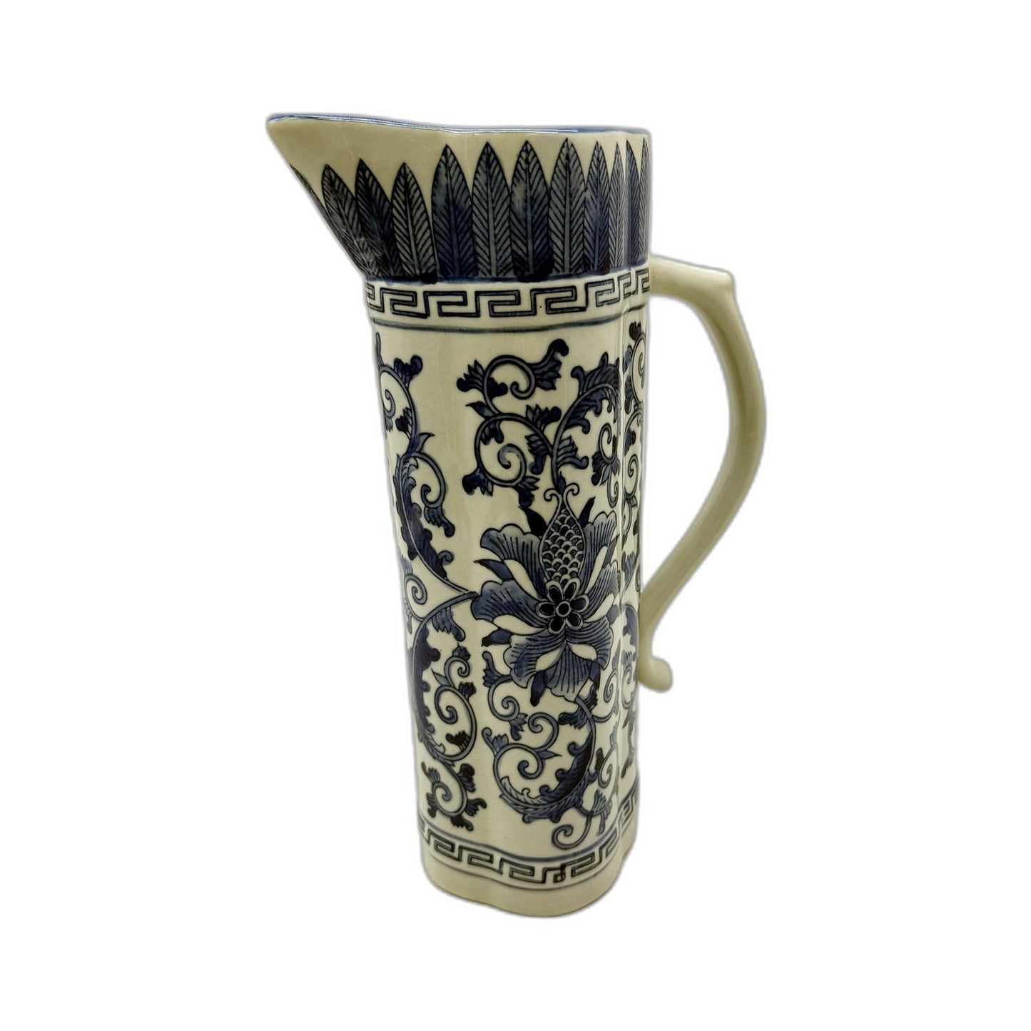 VINTAGE Blue and White Decorative Ceramic Pitcher with Floral Greek Key Design