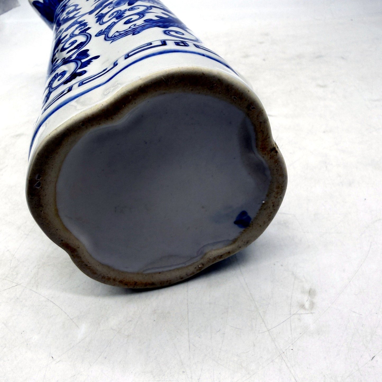VINTAGE Blue and White Decorative Ceramic Pitcher with Floral Greek Key Design