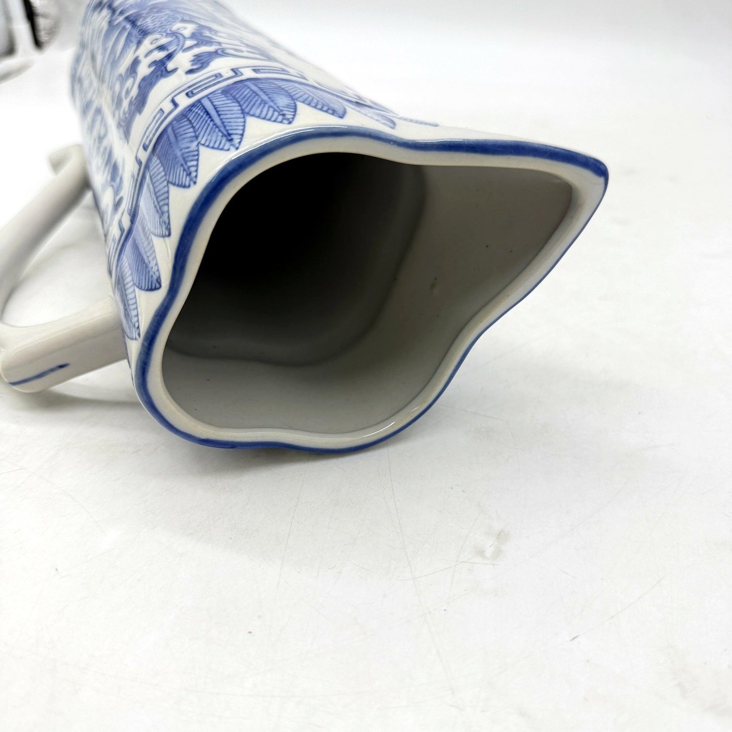 VINTAGE Blue and White Decorative Ceramic Pitcher with Floral Greek Key Design