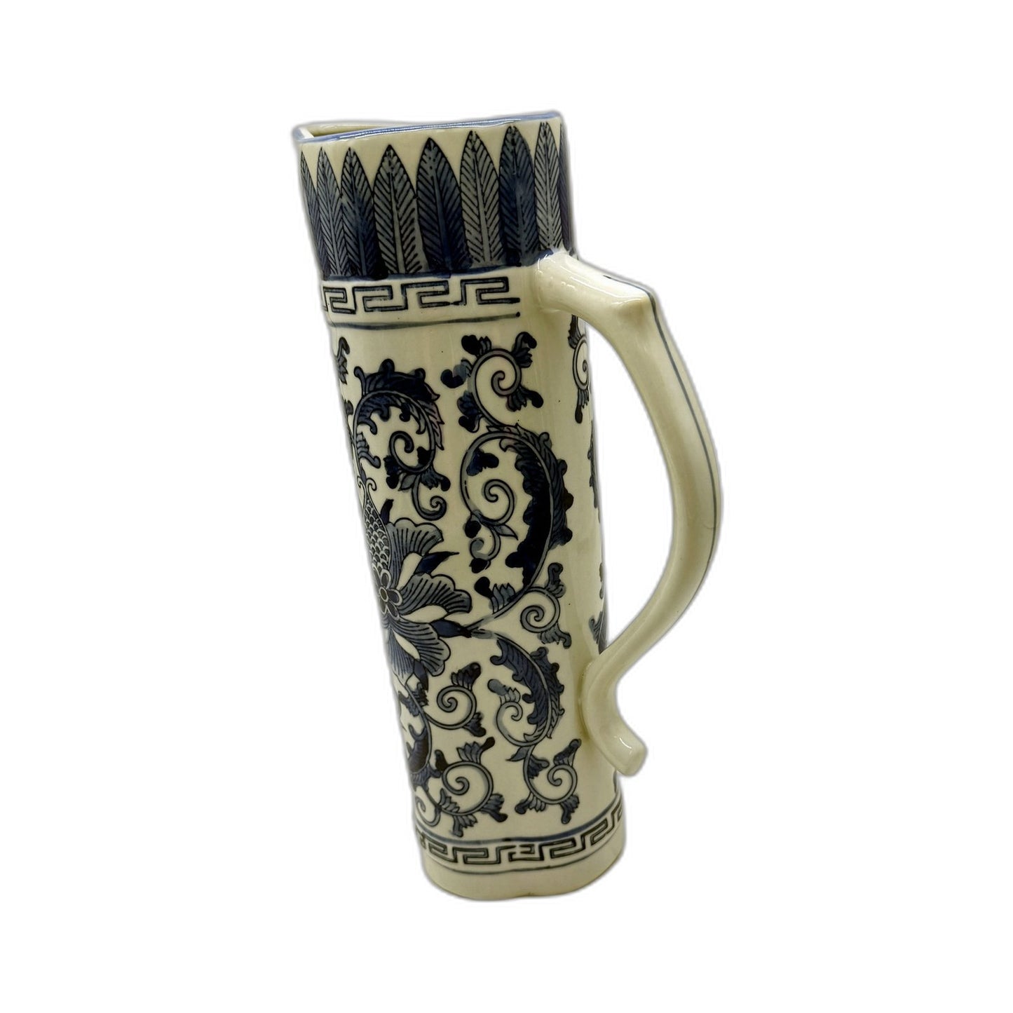 VINTAGE Blue and White Decorative Ceramic Pitcher with Floral Greek Key Design