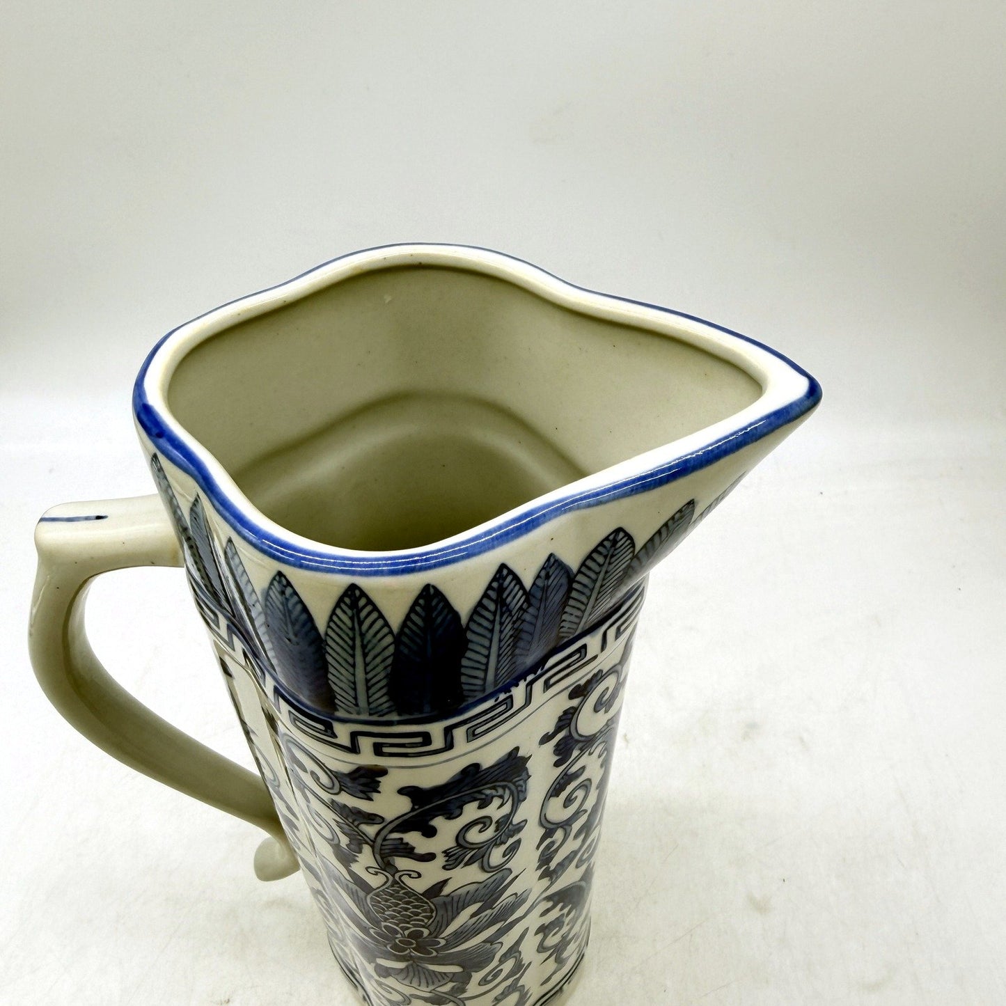 VINTAGE Blue and White Decorative Ceramic Pitcher with Floral Greek Key Design