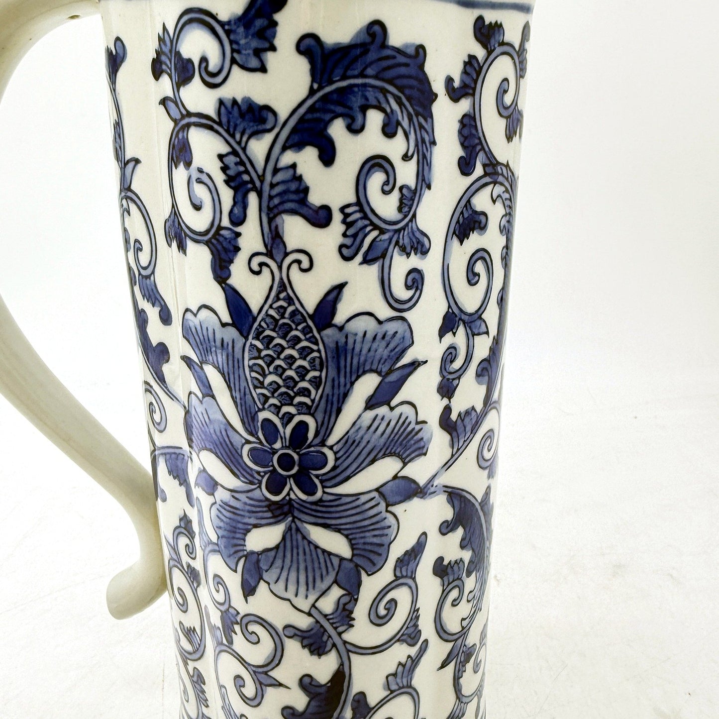 VINTAGE Blue and White Decorative Ceramic Pitcher with Floral Greek Key Design