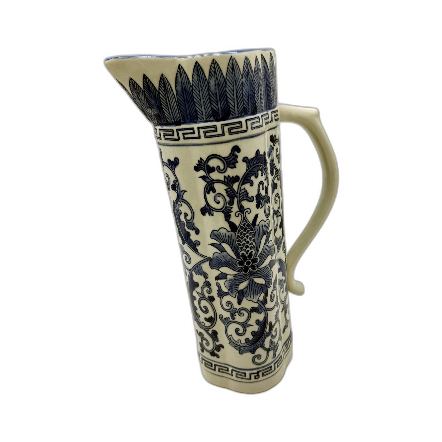 VINTAGE Blue and White Decorative Ceramic Pitcher with Floral Greek Key Design