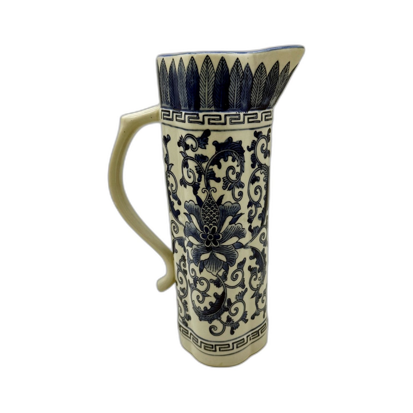 VINTAGE Blue and White Decorative Ceramic Pitcher with Floral Greek Key Design
