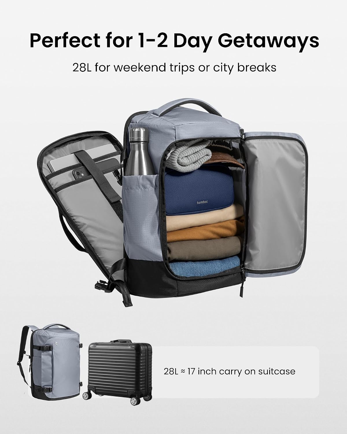 tomtoc 28L Light Grey Travel Backpack, Carry-On Luggage, TSA Friendly NEW