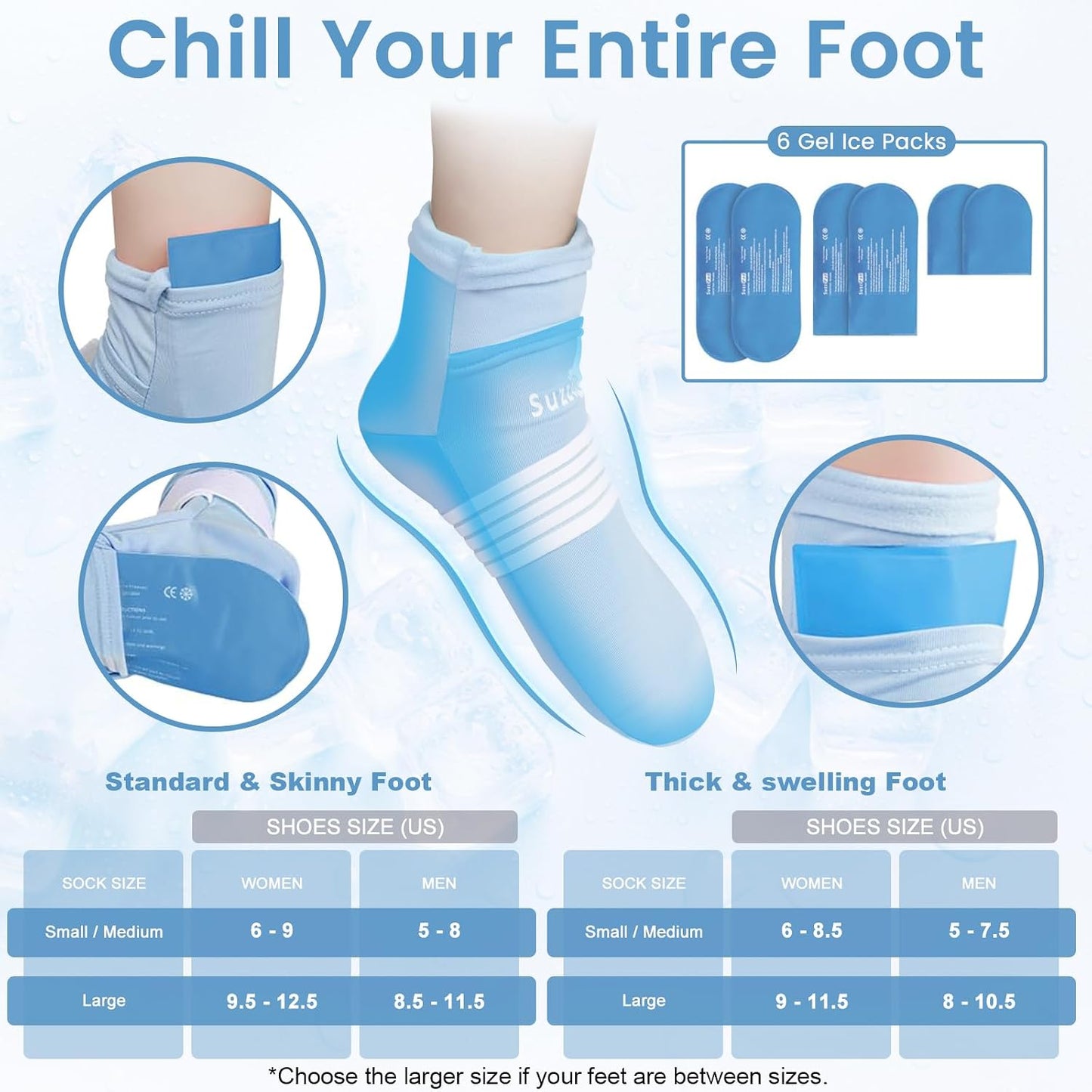 SUZZIPAD Cold Therapy Socks and Hand Ice Pack for Pain Relief Blue Size L NEW