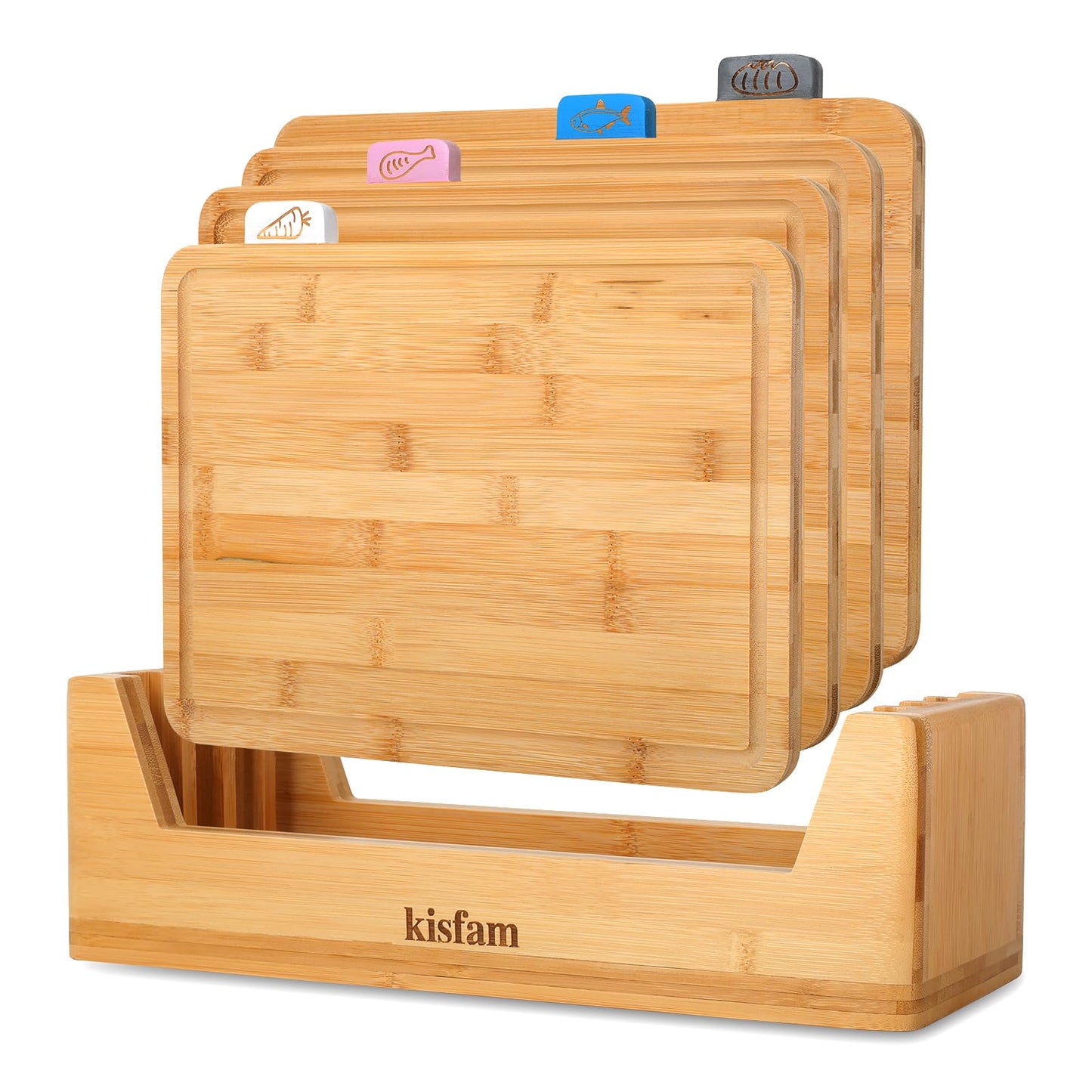 Kisfam Bamboo Chopping Board Set with Juice Groove 4 Piece Cutting Boards NEW