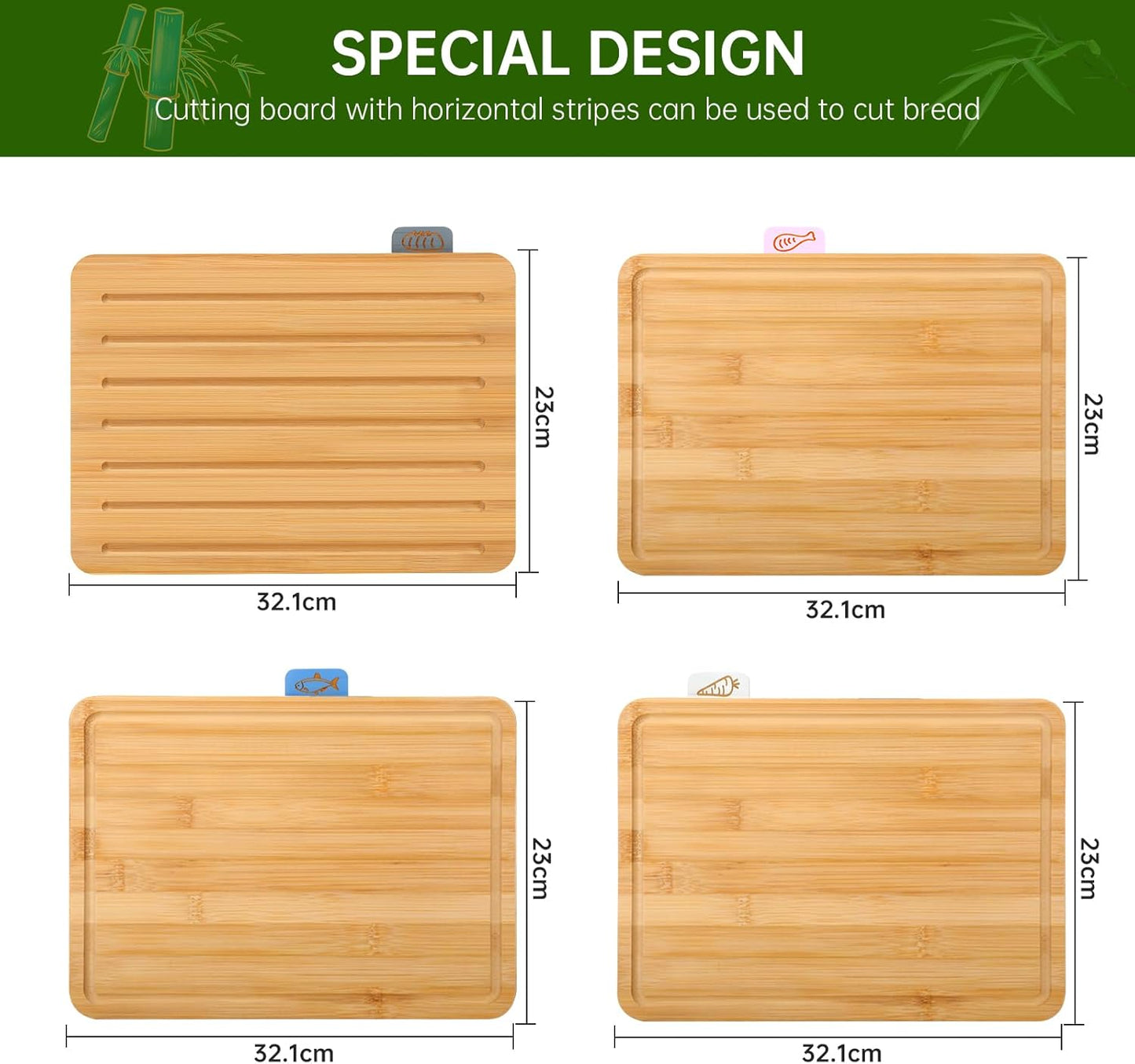 Kisfam Bamboo Chopping Board Set with Juice Groove 4 Piece Cutting Boards NEW