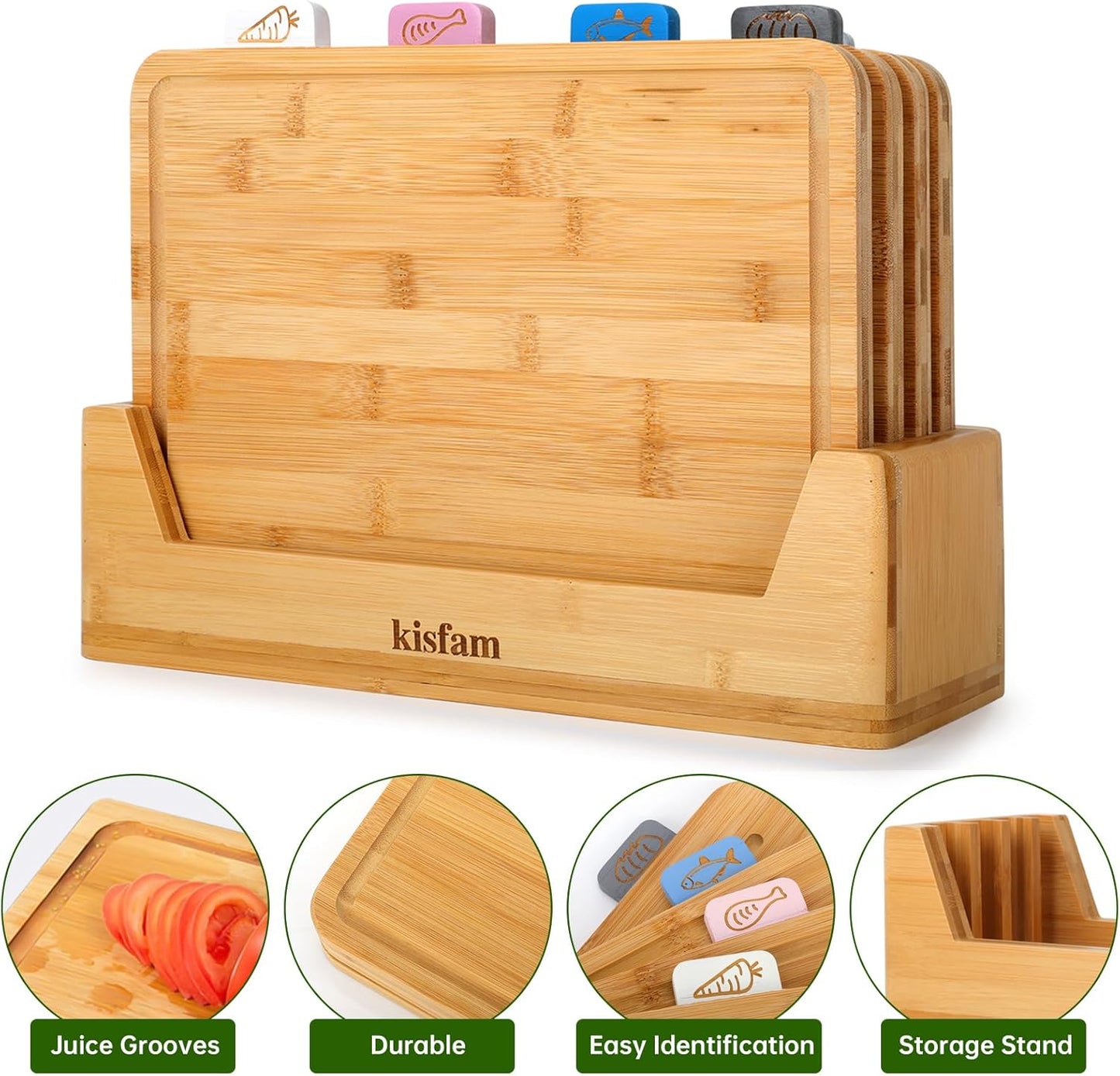Kisfam Bamboo Chopping Board Set with Juice Groove 4 Piece Cutting Boards NEW