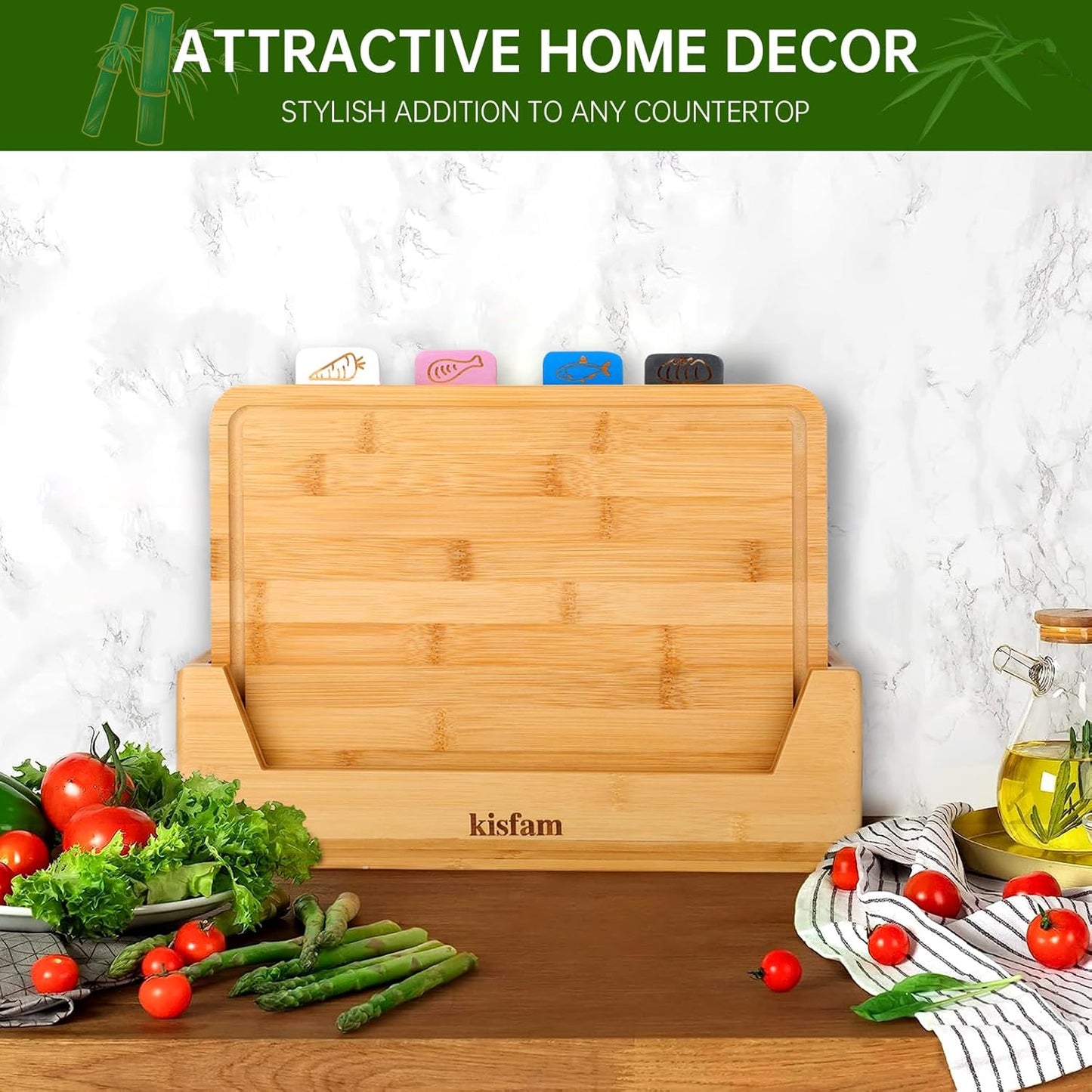 Kisfam Bamboo Chopping Board Set with Juice Groove 4 Piece Cutting Boards NEW