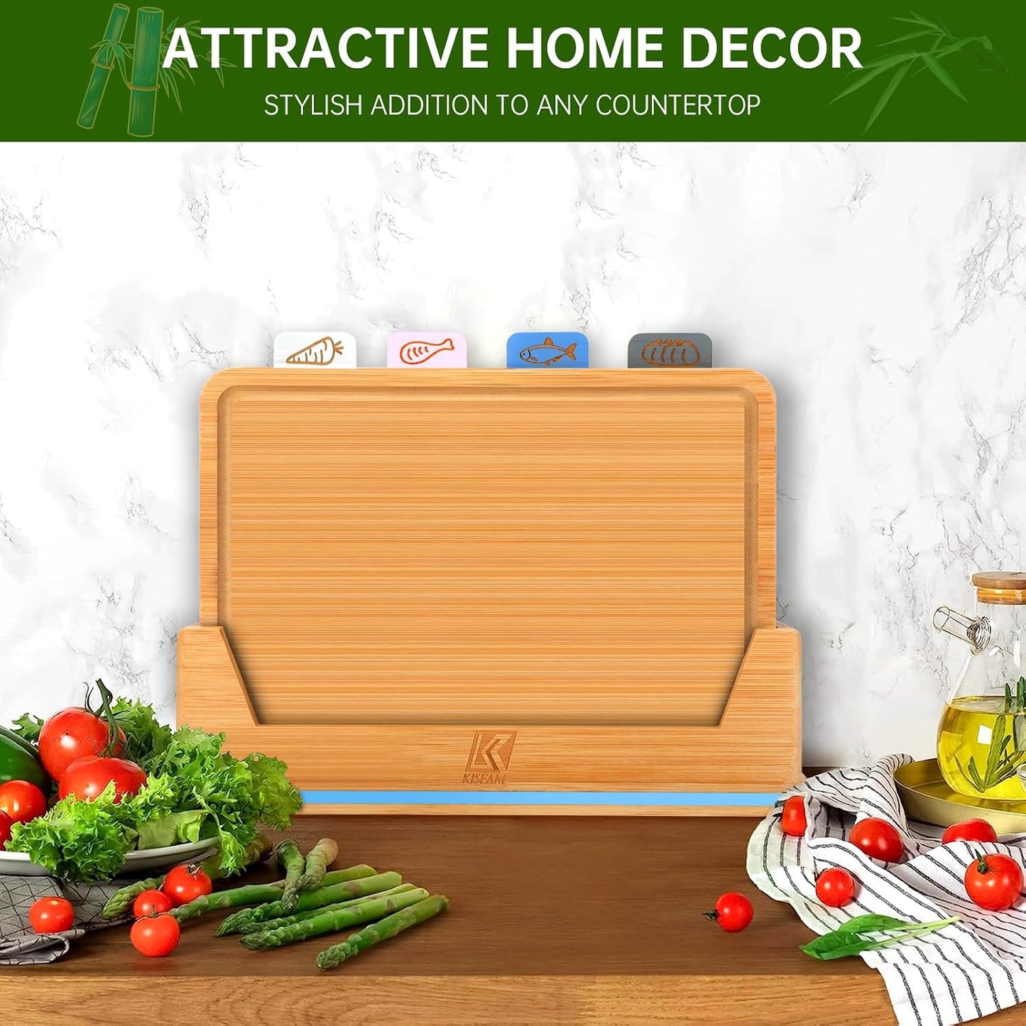 Kisfam Bamboo Chopping Board Set with Juice Groove 4 Piece Cutting Boards NEW