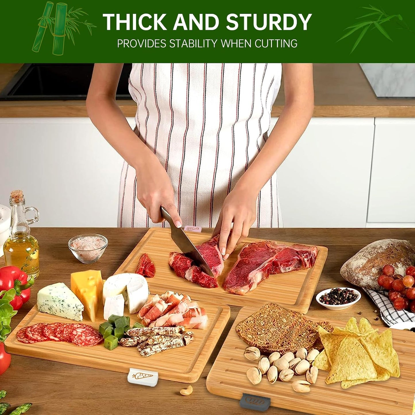 Kisfam Bamboo Chopping Board Set with Juice Groove 4 Piece Cutting Boards NEW