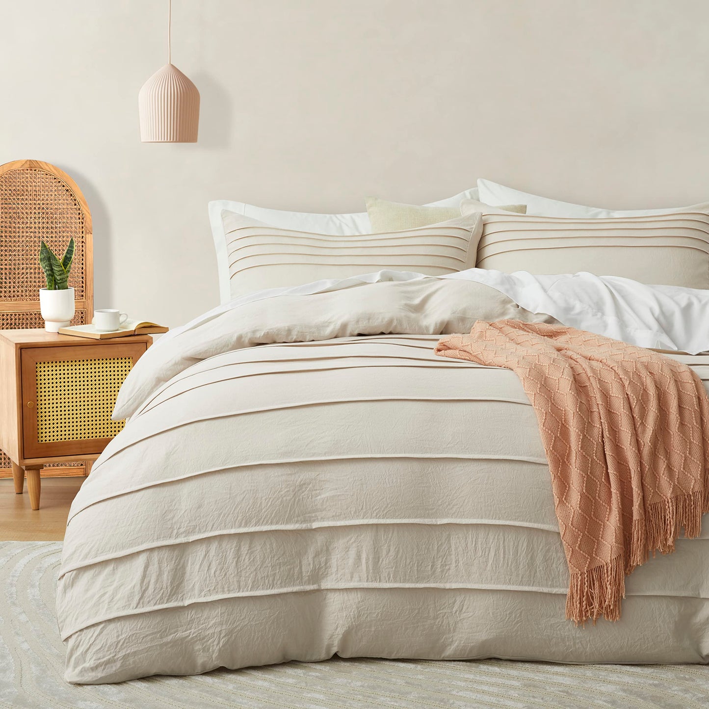 Mullum Boho Pleated Beige Microfibre Duvet Cover Set - Single Size NEW
