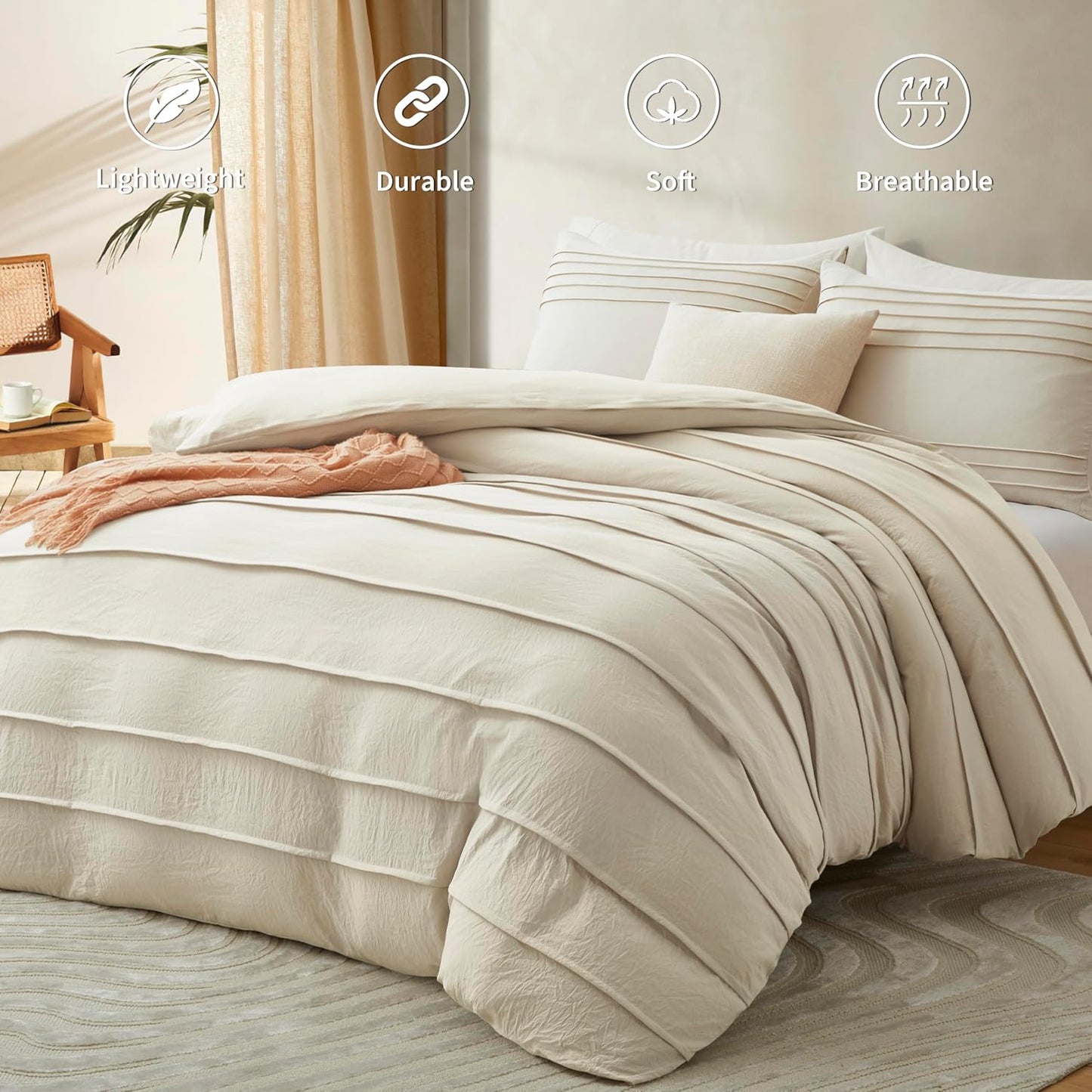Mullum Boho Pleated Beige Microfibre Duvet Cover Set - Single Size NEW