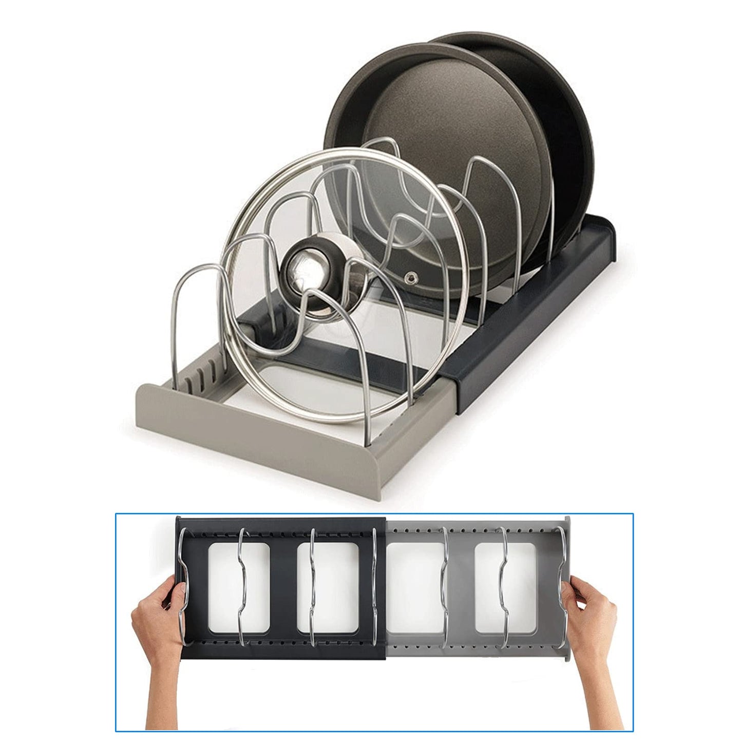 Ausmenl Expandable Kitchen Lid Organizer Rack Adjustable Silver Storage DEMO