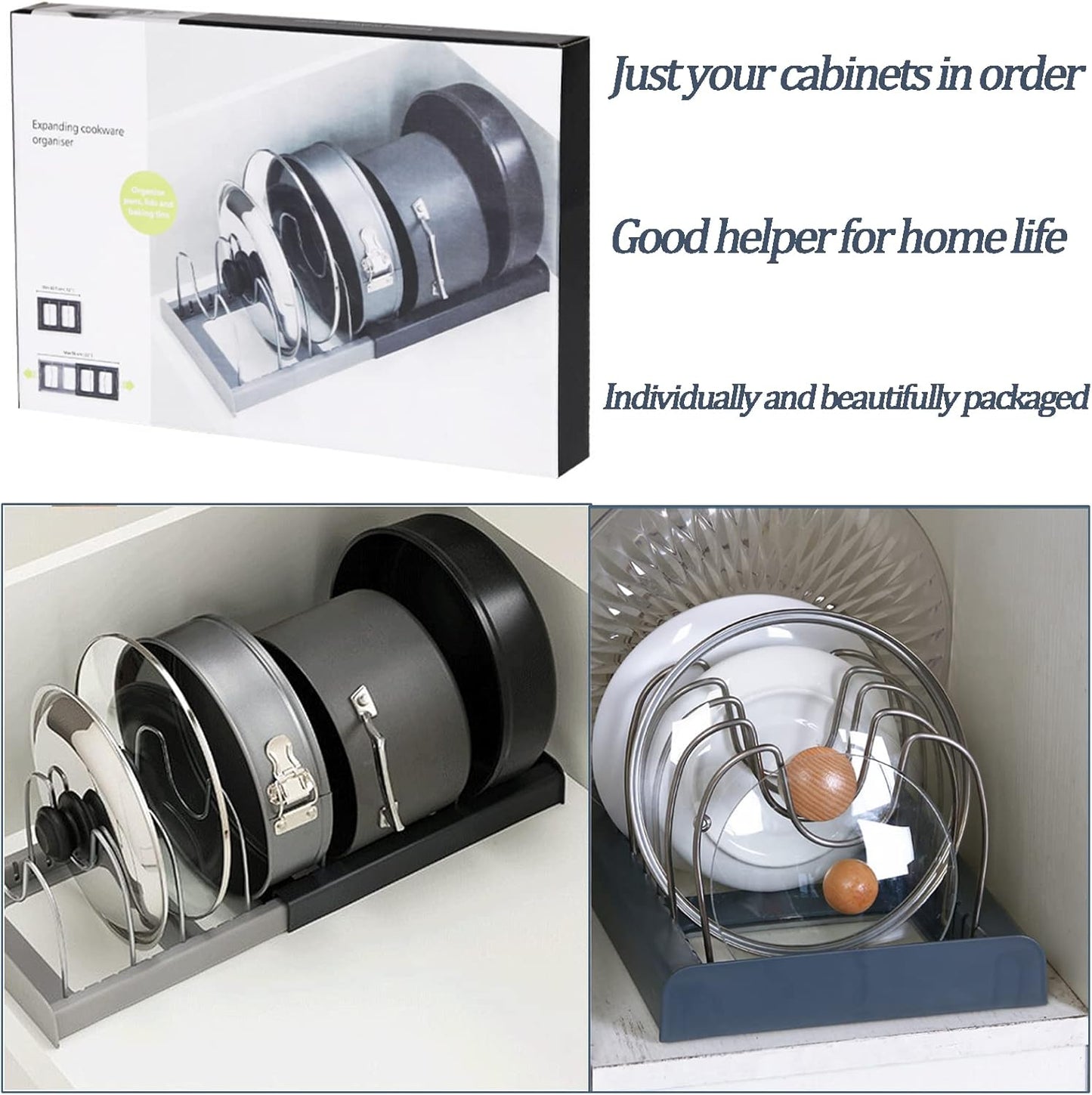 Ausmenl Expandable Kitchen Lid Organizer Rack Adjustable Silver Storage DEMO
