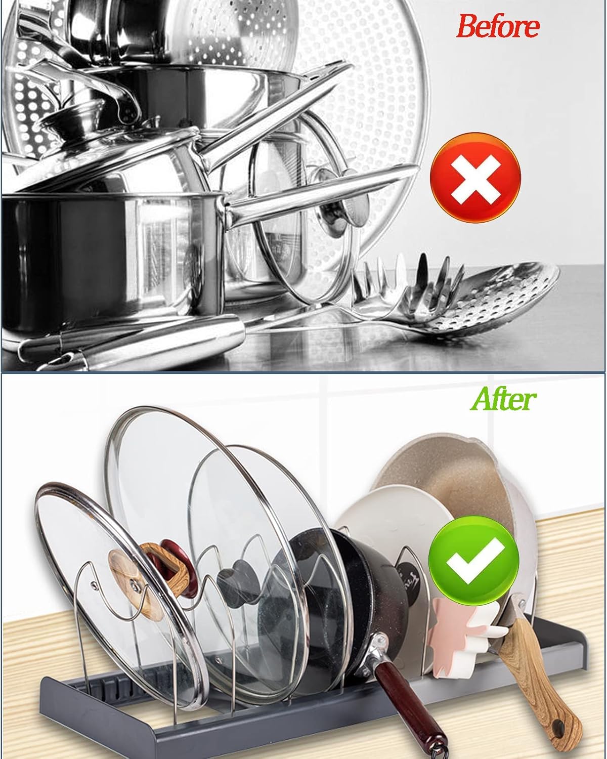 Ausmenl Expandable Kitchen Lid Organizer Rack Adjustable Silver Storage DEMO