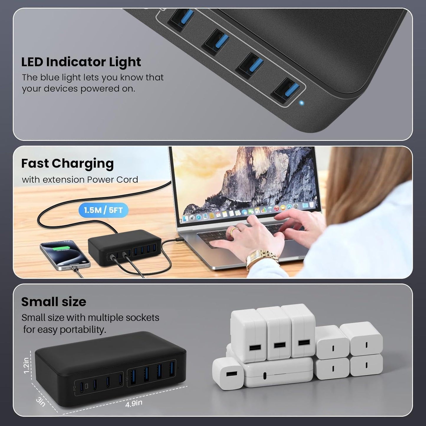 Roccar 8-Port Mains Chargers Fast USB-C Charging Station 200W GaN Wall NEW