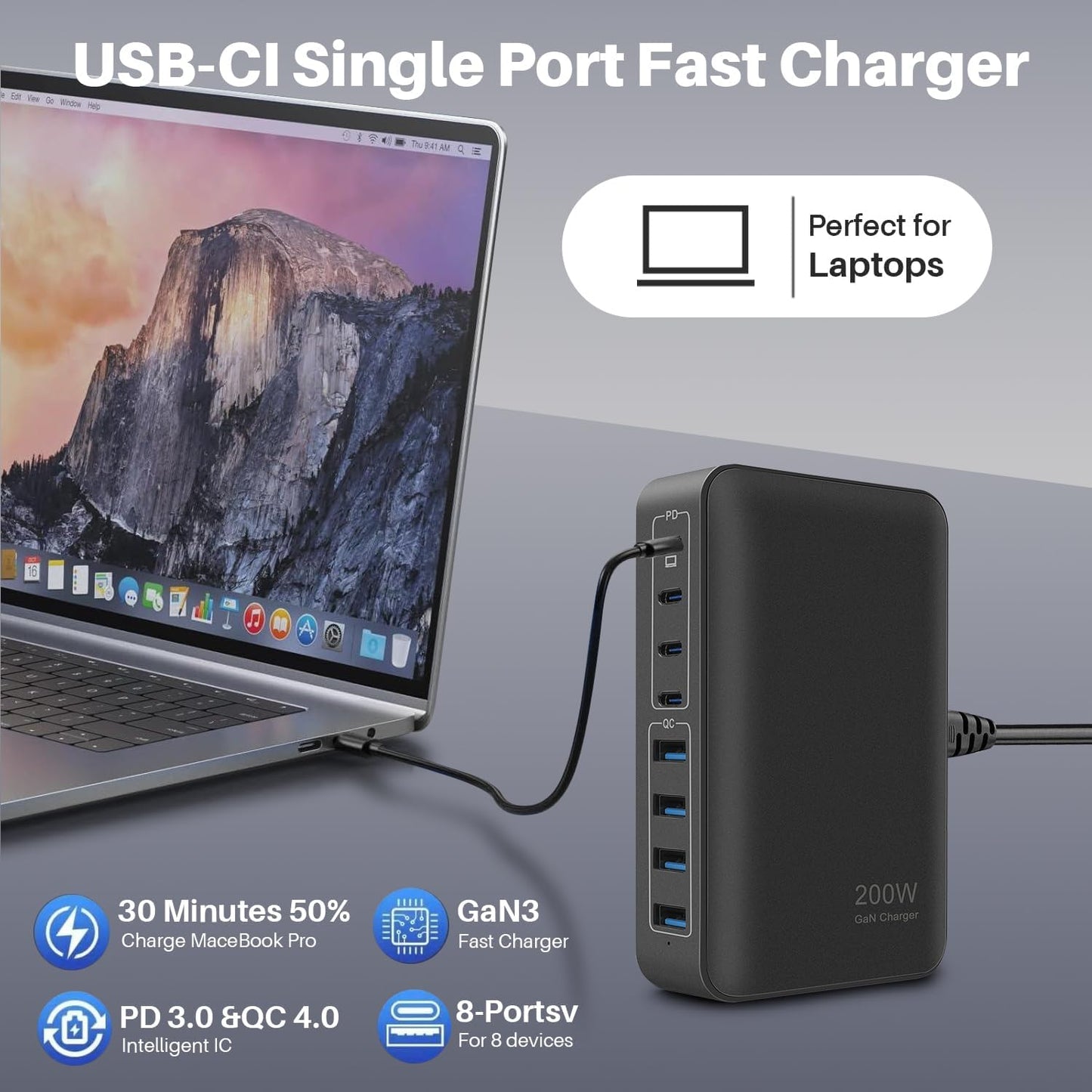 Roccar 8-Port Mains Chargers Fast USB-C Charging Station 200W GaN Wall NEW