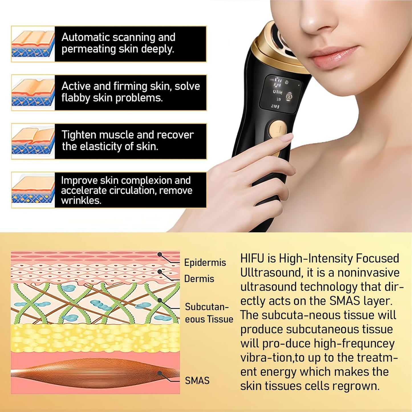 Bouzaak 3-in-1 Facial Wrinkle & Anti-Aging Device with HIFU, RF, and EMS DEMO