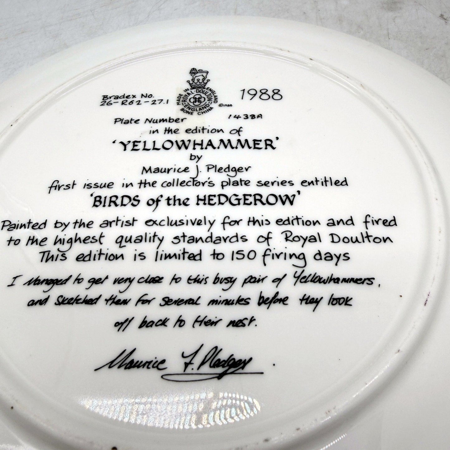 Royal Doulton 1988 Yellowhammer Decorative Plate Birds Hedgerow Limited Edition