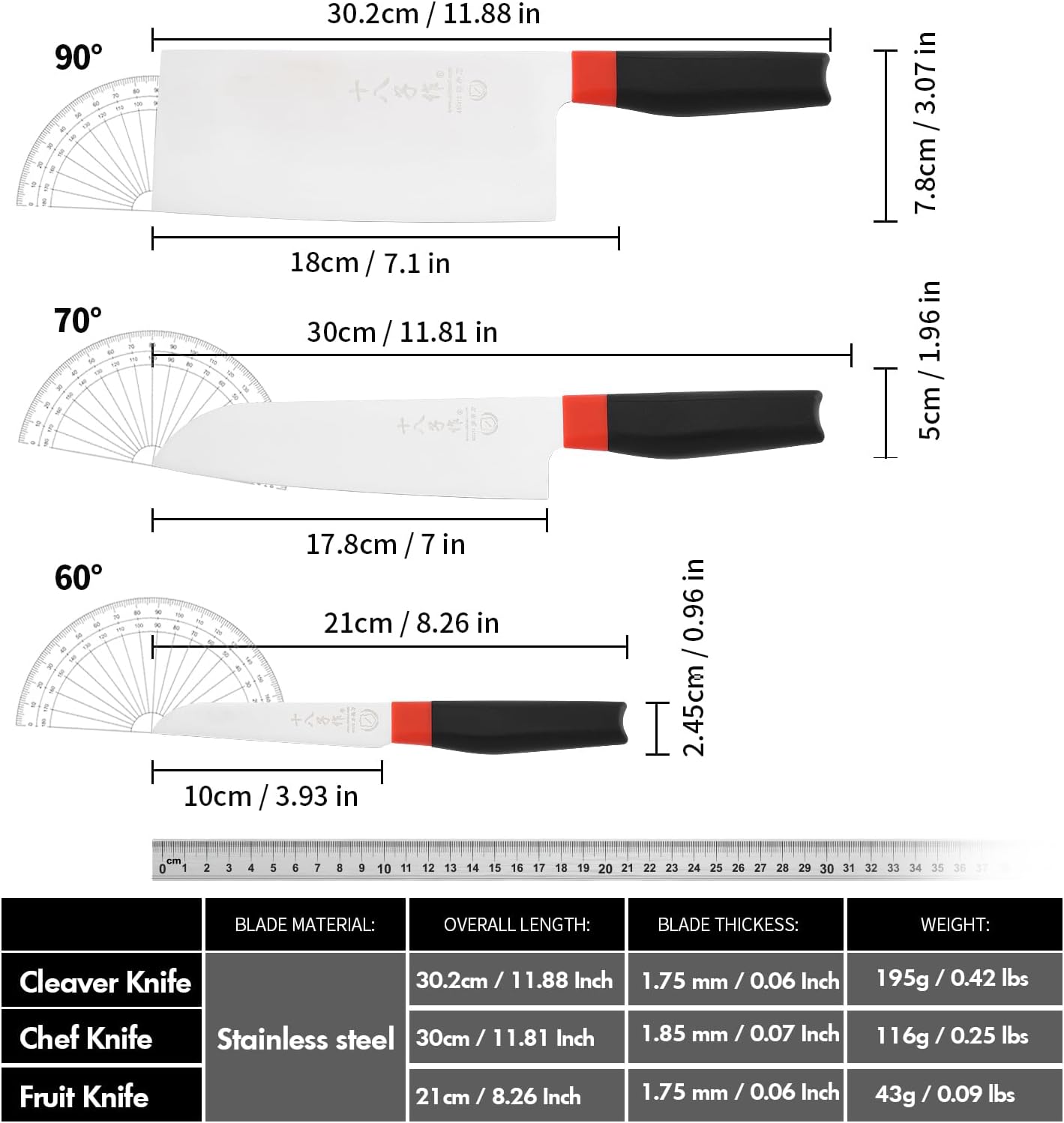 SHI BA ZI ZUO 3-Piece Kitchen Knife Set Professional Santoku Utility Knives NEW