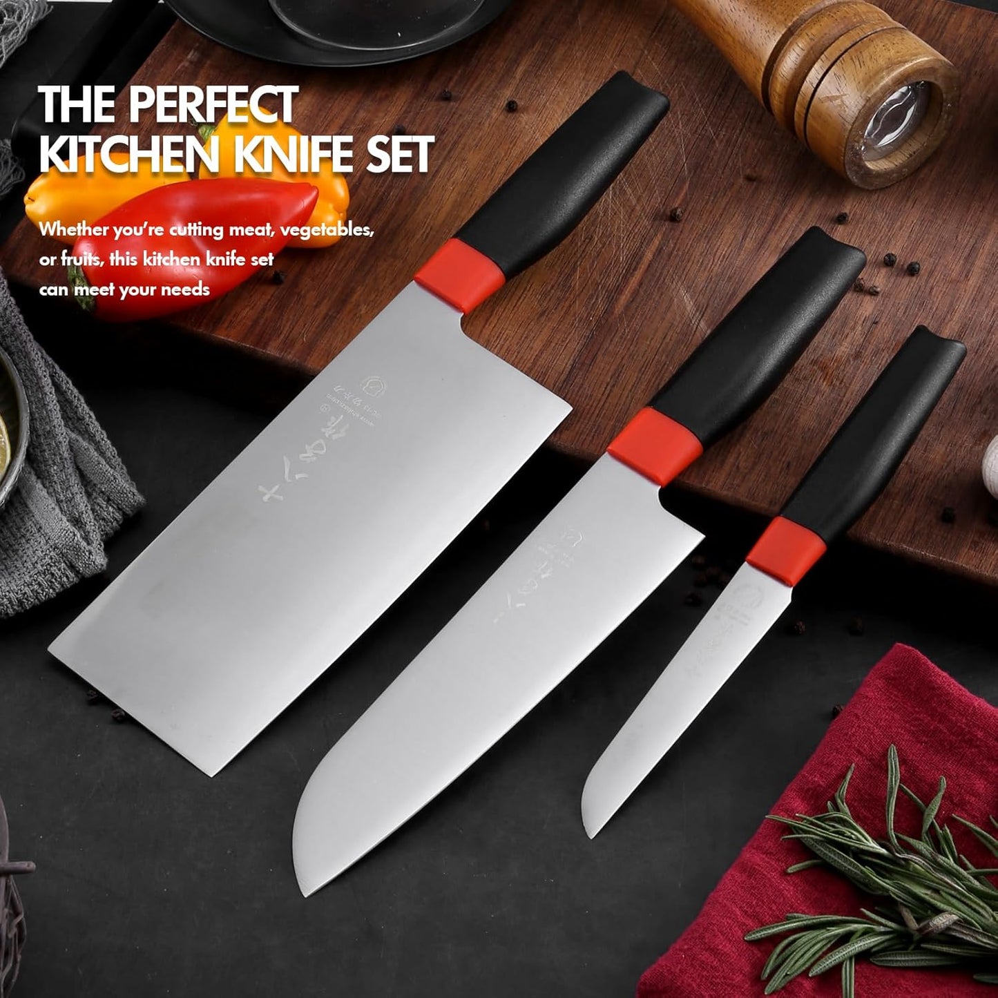 SHI BA ZI ZUO 3-Piece Kitchen Knife Set Professional Santoku Utility Knives NEW