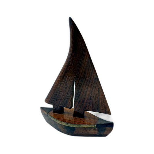 Handcrafted Brown Wooden Sailboat 23cm Figurine for Nautical Home Decor Accents