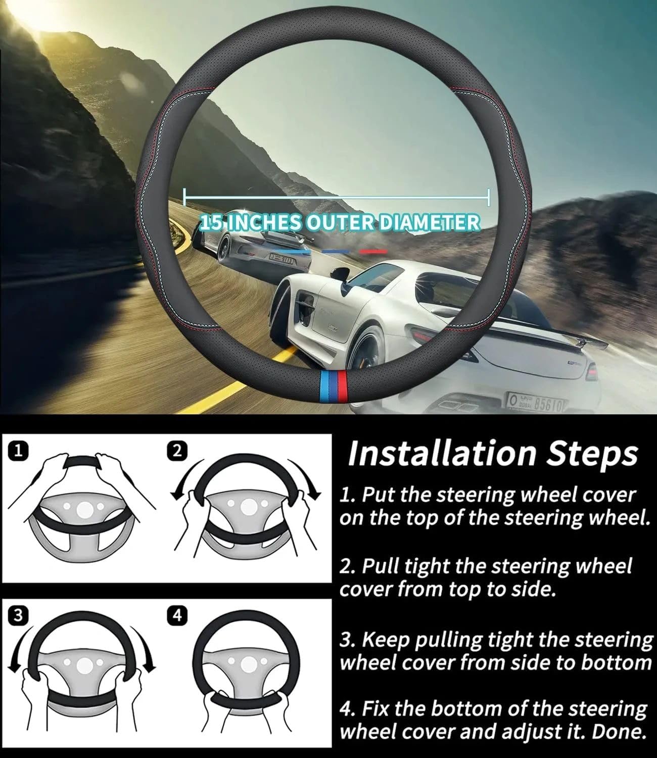 jpfyllik Premium 15"Black Leather Look Car Steering Wheel Cover BMW Vehicles NEW
