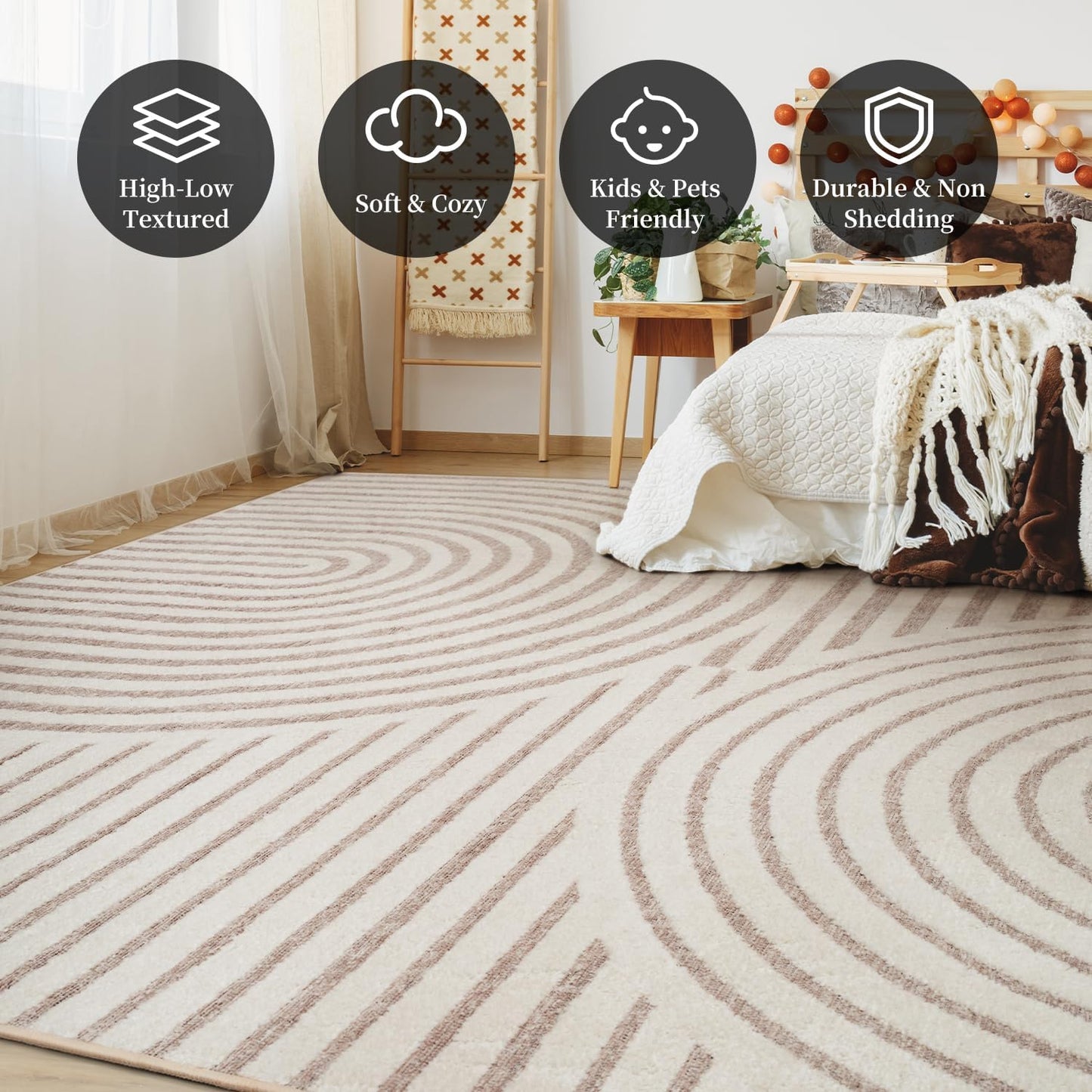 PADOOR Beige Area Rug 183 x 274CM Machine Washable Soft Non-Slip Polyester NEW