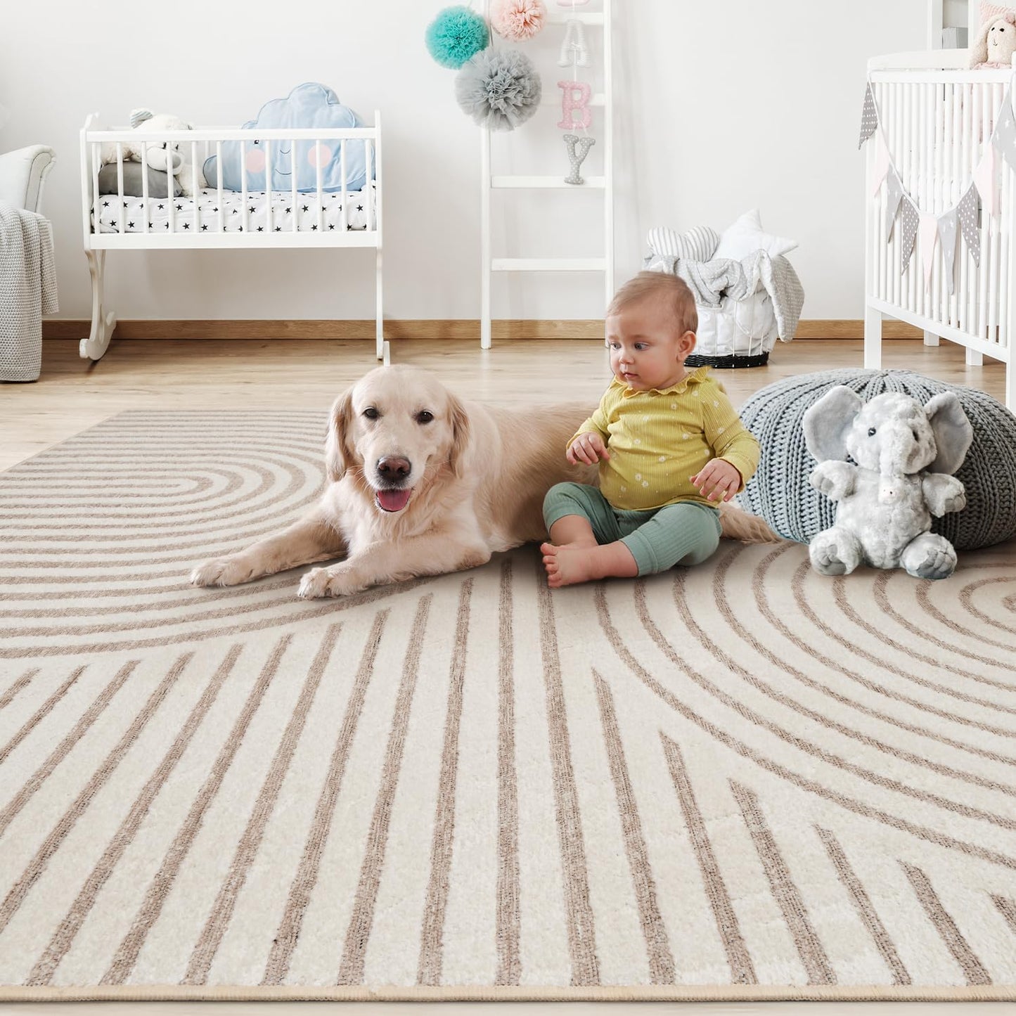 PADOOR Beige Area Rug 183 x 274CM Machine Washable Soft Non-Slip Polyester NEW