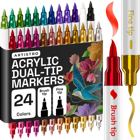 ARTISTRO Metallic Markers Dual-Tip Acrylic Paint Marker Pens for Drawing DEMO
