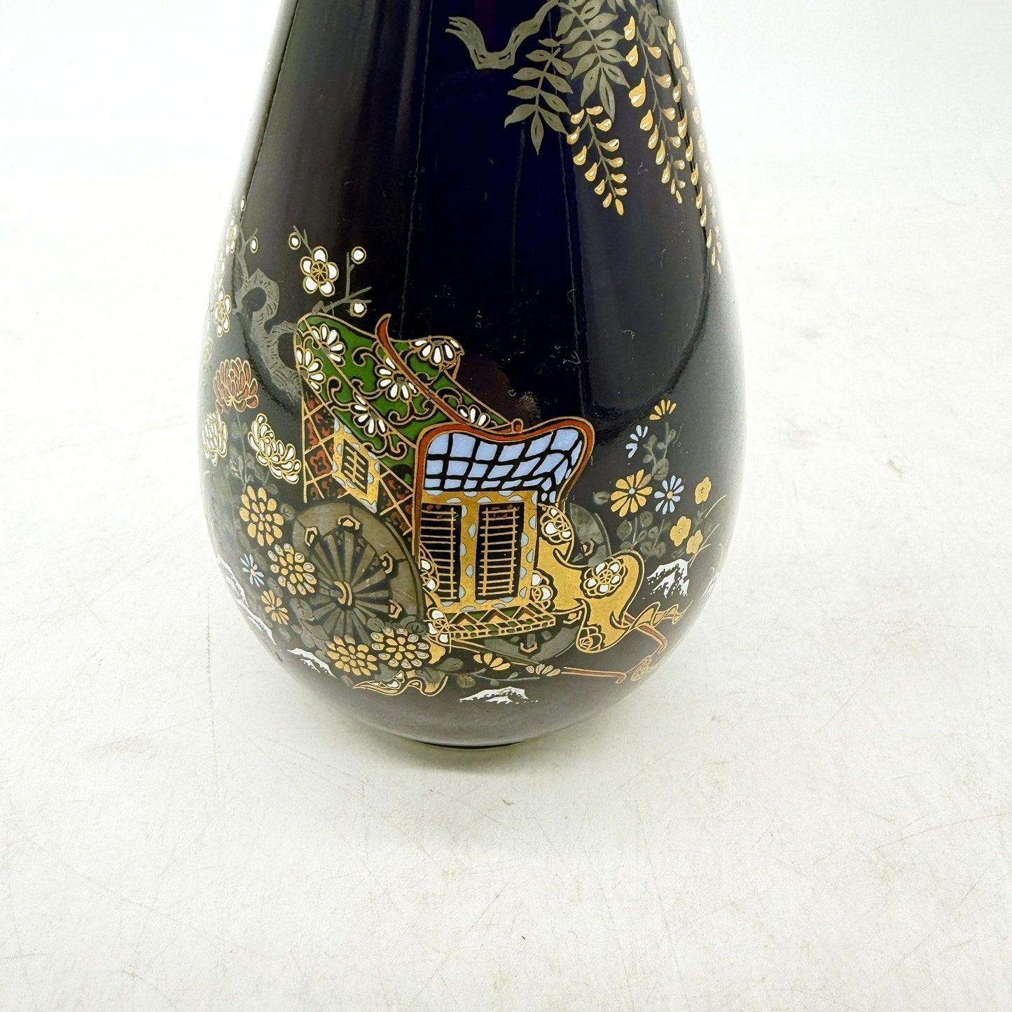 VINTAGE Japanese Style Cobolt Blue Gold Accent Decorative Ceramic Vase 25cm