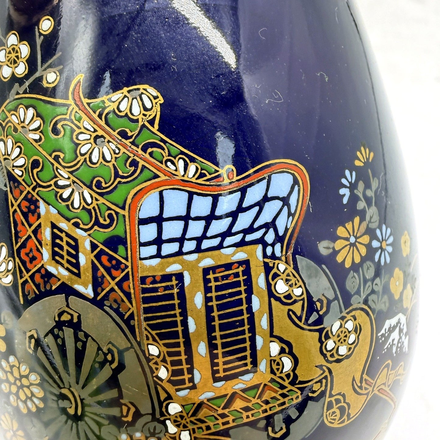 VINTAGE Japanese Style Cobolt Blue Gold Accent Decorative Ceramic Vase 25cm