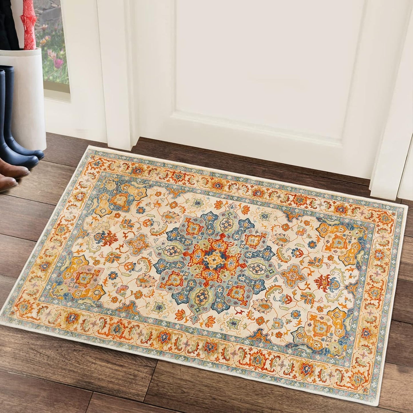 Area Rug Faux Wool Distressed Washable Non-Slip Floor Carpet 60 x 100 cm NEW