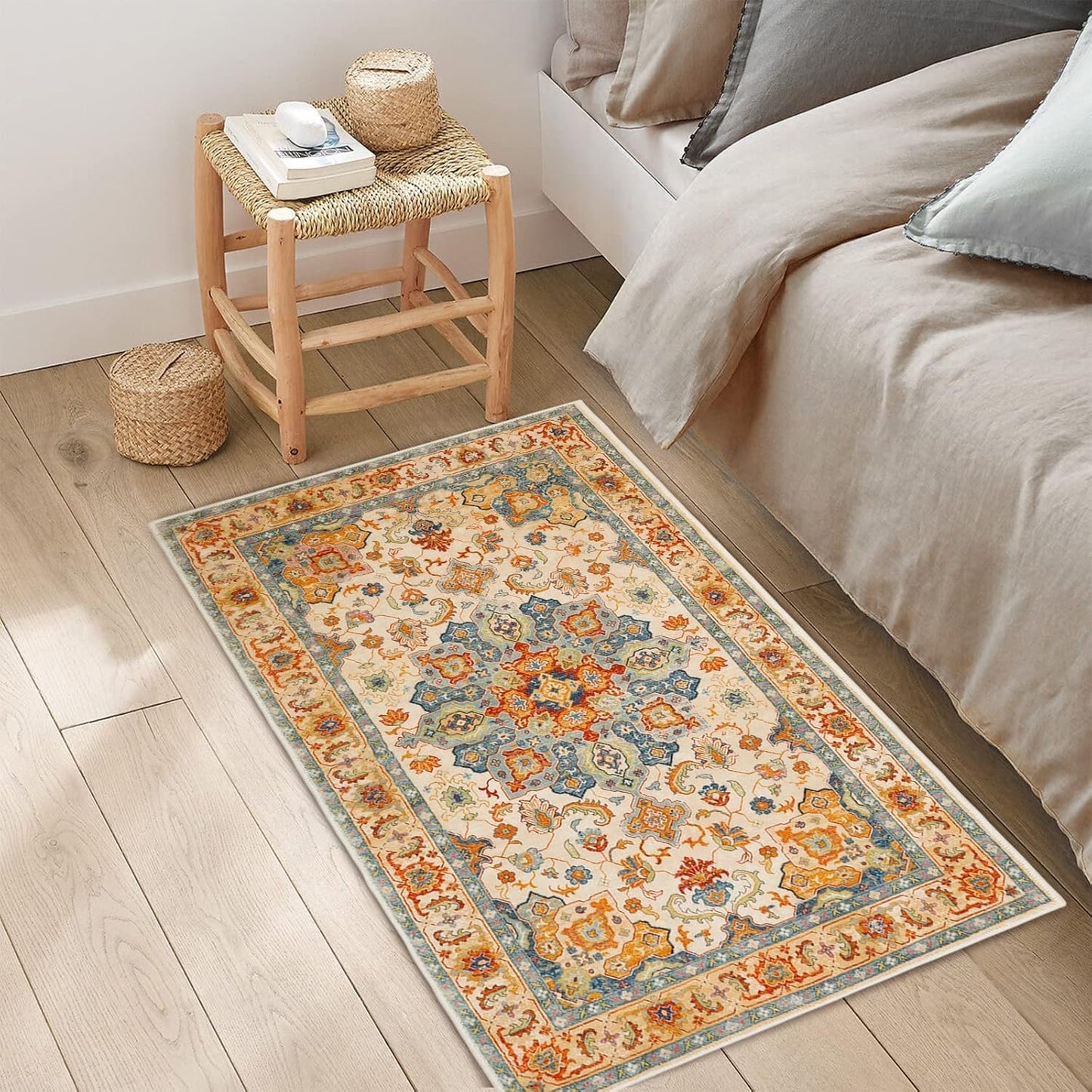 Area Rug Faux Wool Distressed Washable Non-Slip Floor Carpet 60 x 100 cm NEW