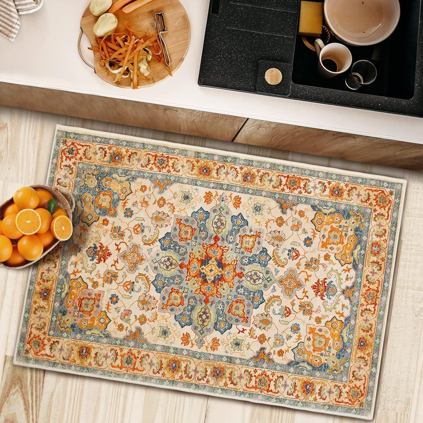 Area Rug Faux Wool Distressed Washable Non-Slip Floor Carpet 60 x 100 cm NEW
