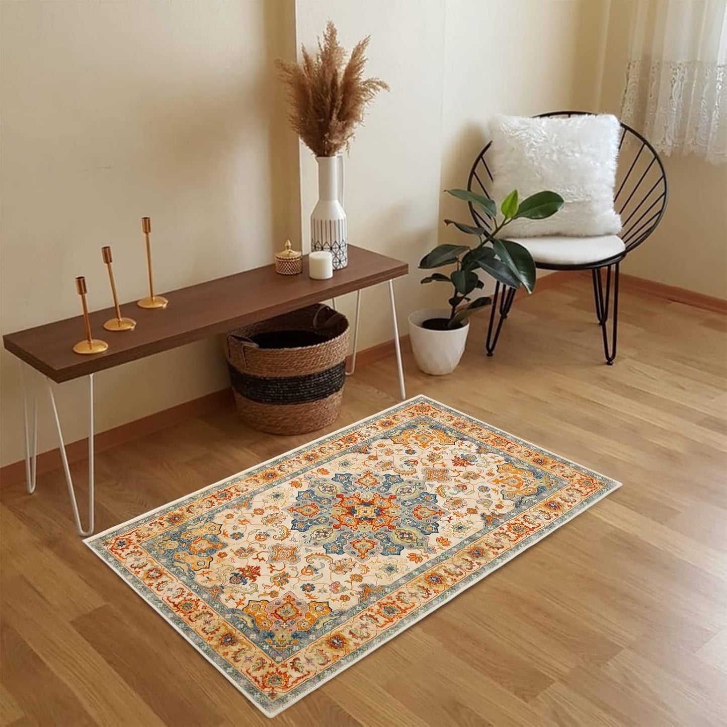 Area Rug Faux Wool Distressed Washable Non-Slip Floor Carpet 60 x 100 cm NEW