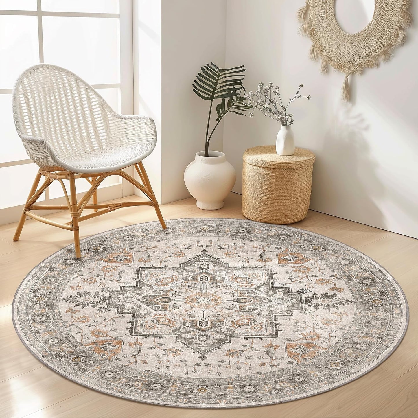 HAOLEYAO 150cm Round Taupe Polypropylene Low Pile Washable Area Rug Size NEW