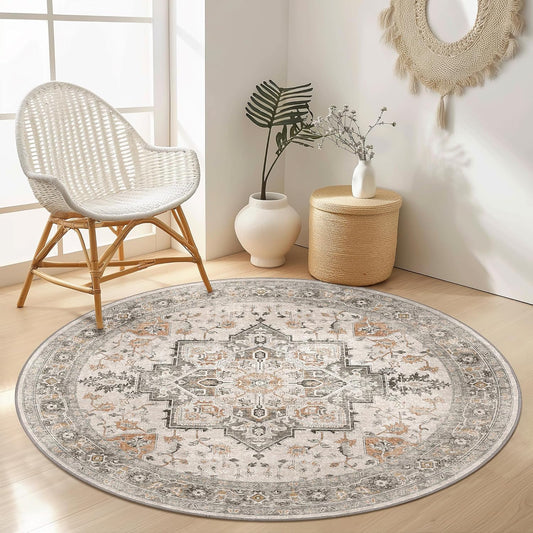 HAOLEYAO 150cm Round Taupe Polypropylene Low Pile Washable Area Rug Size NEW