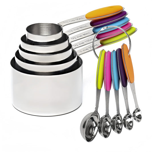 RUNZI 10 Piece Stainless Steel Measuring Cups and Spoons Set, Silver NEW