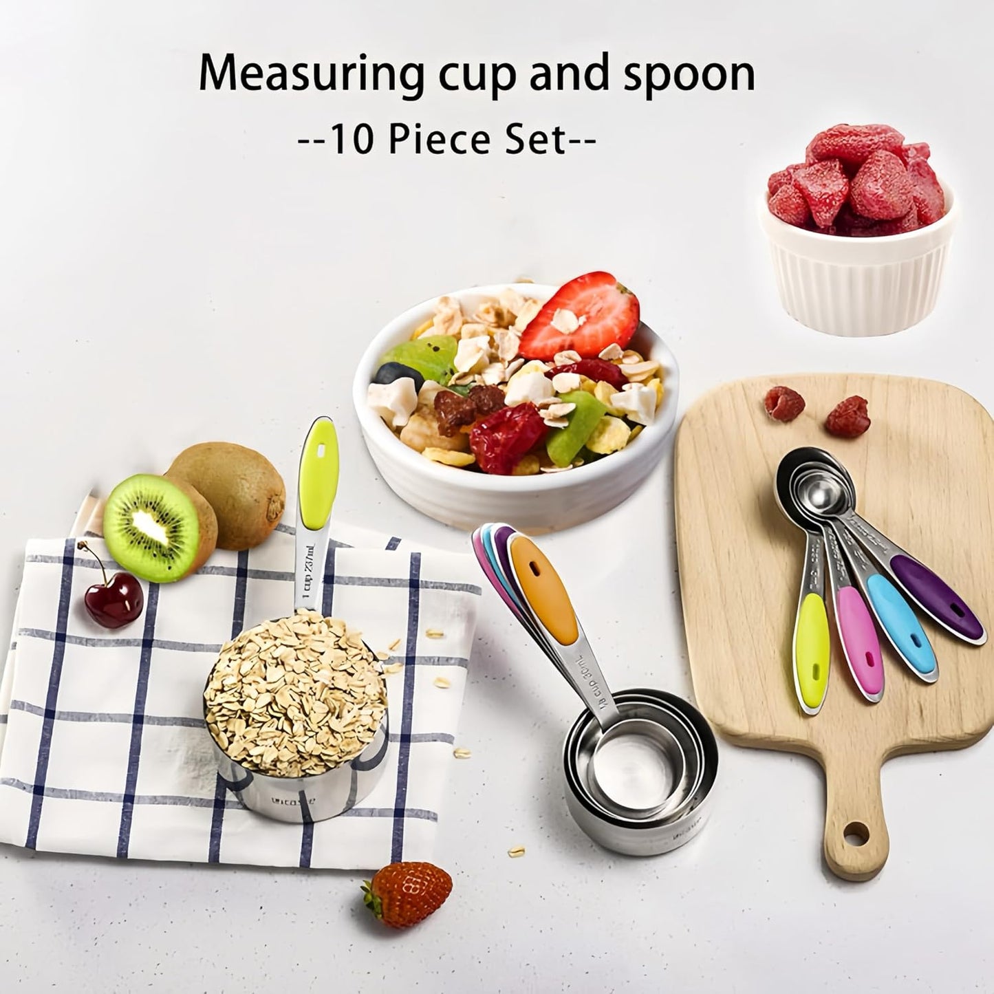 RUNZI 10 Piece Stainless Steel Measuring Cups and Spoons Set, Silver NEW