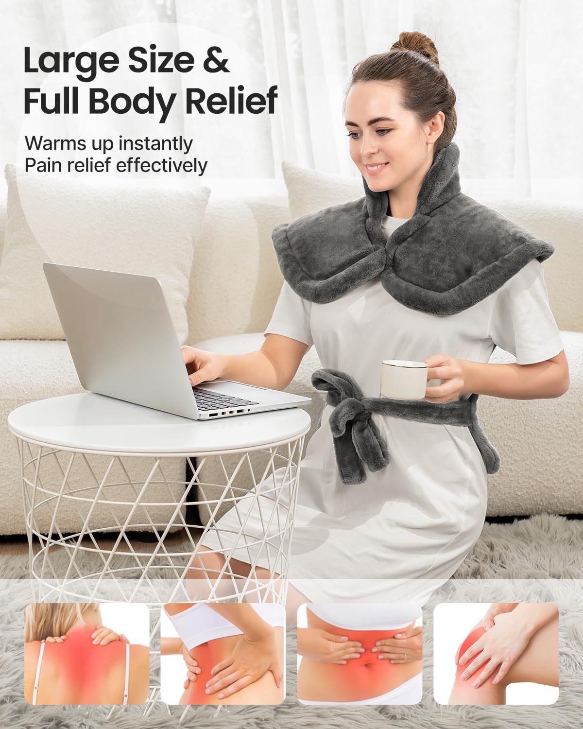RENPHO Electric Heating Pad for Neck Shoulders Back Pain Relief Flannel Gray NEW