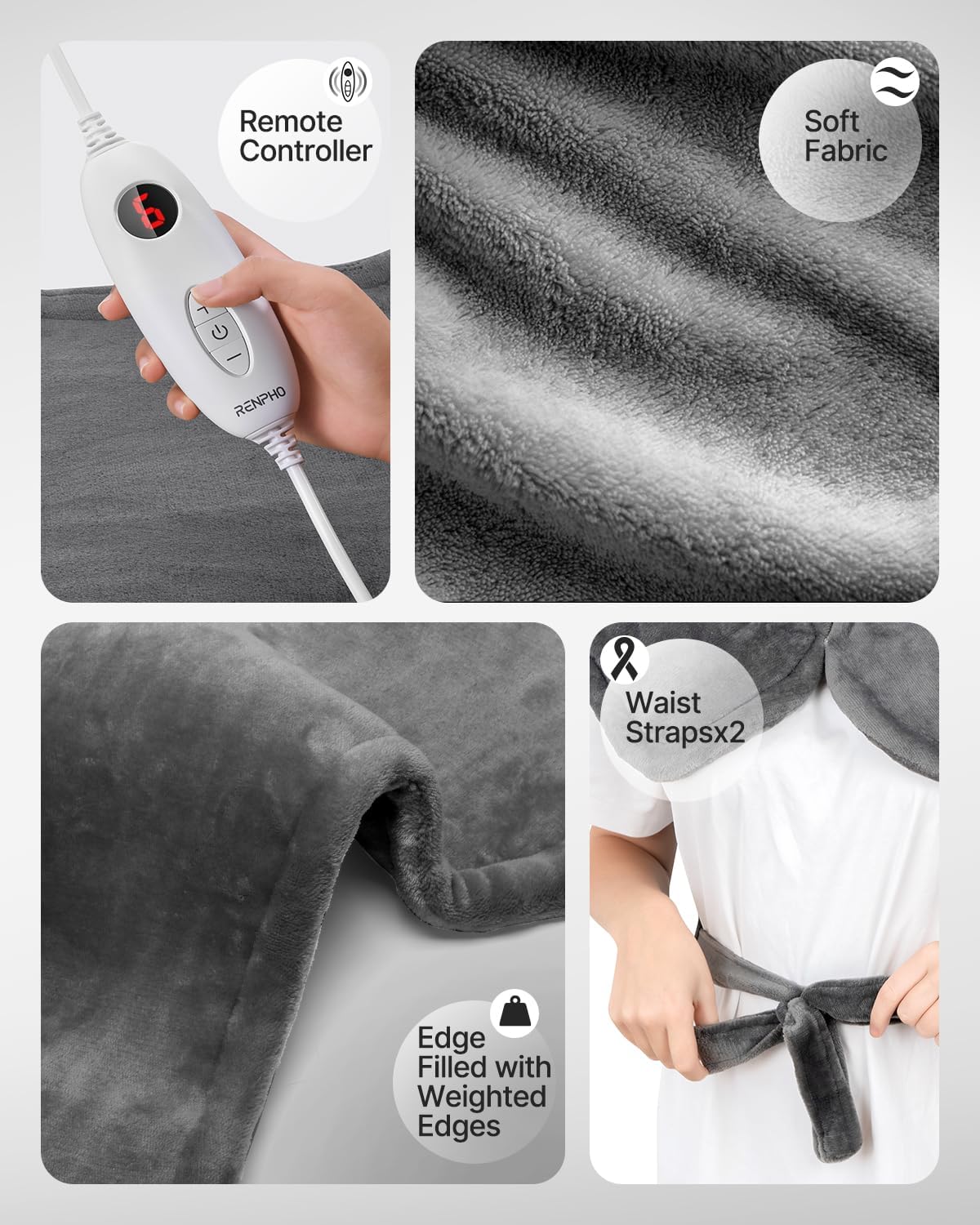 RENPHO Electric Heating Pad for Neck Shoulders Back Pain Relief Flannel Gray NEW