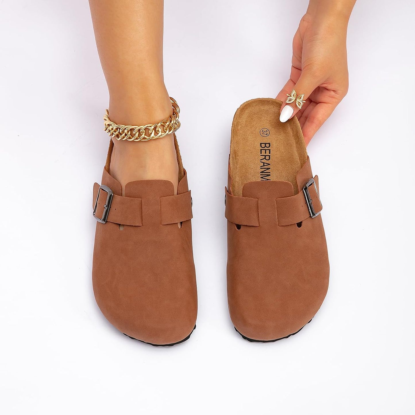 BERANMEY Stylish PU Leather Clogs with Arch Support, Cork Sole Comfort EU 39 NEW