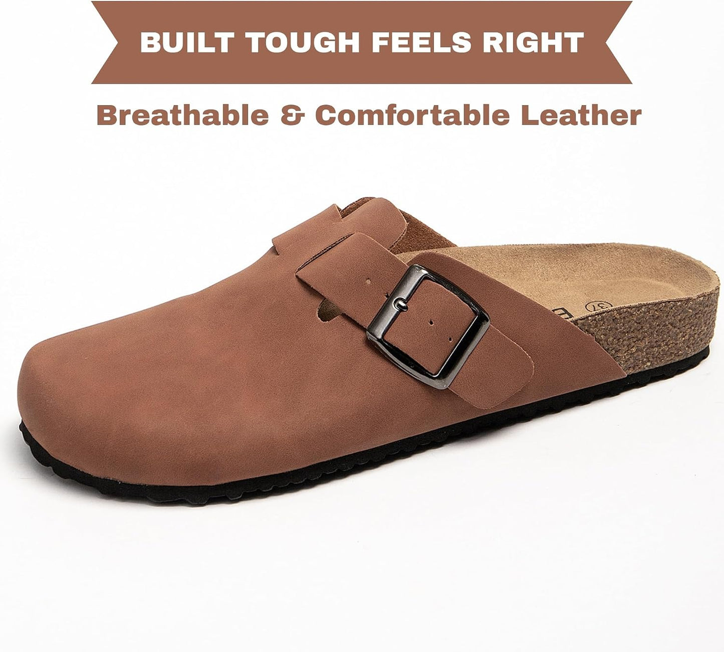 BERANMEY Stylish PU Leather Clogs with Arch Support, Cork Sole Comfort EU 39 NEW
