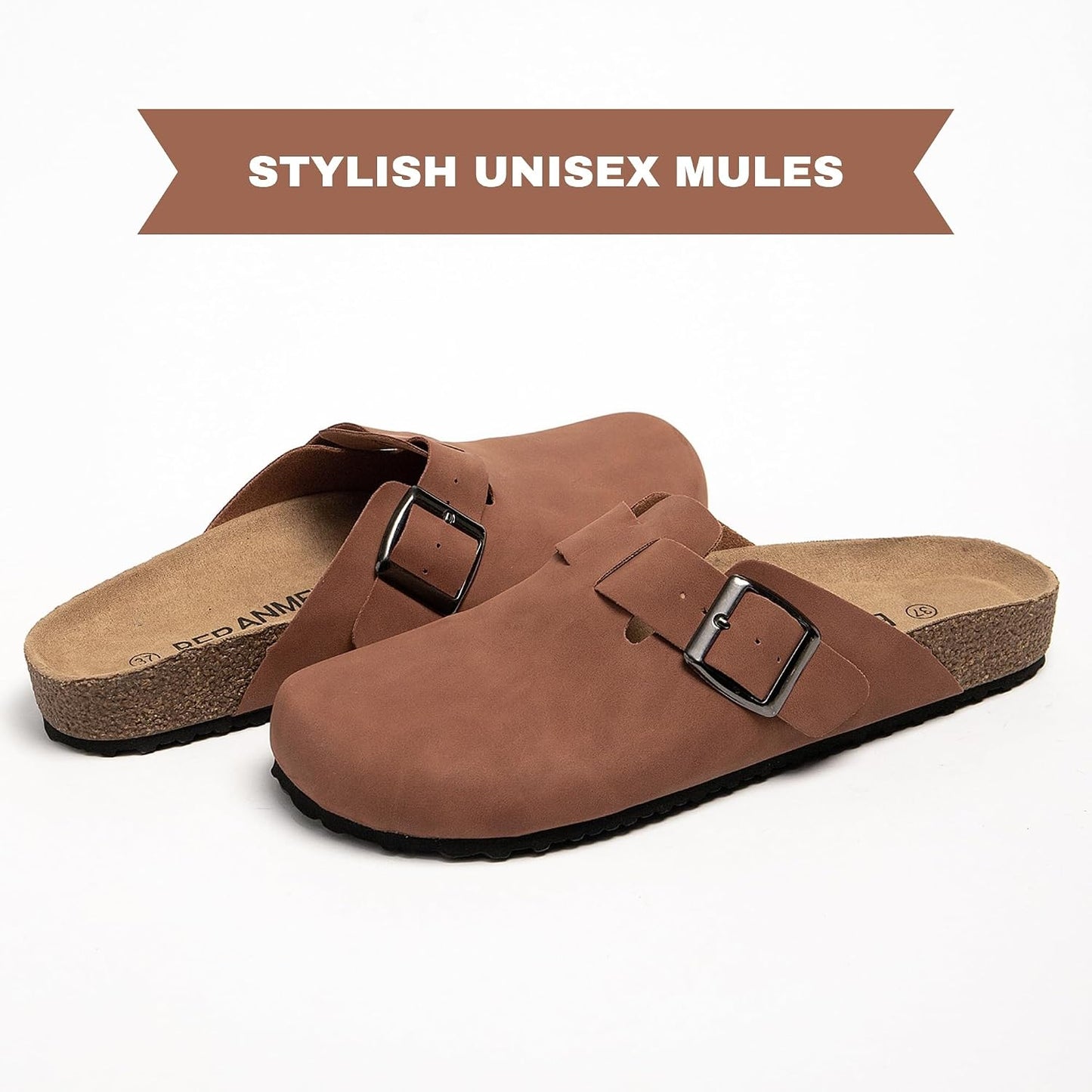 BERANMEY Stylish PU Leather Clogs with Arch Support, Cork Sole Comfort EU 39 NEW