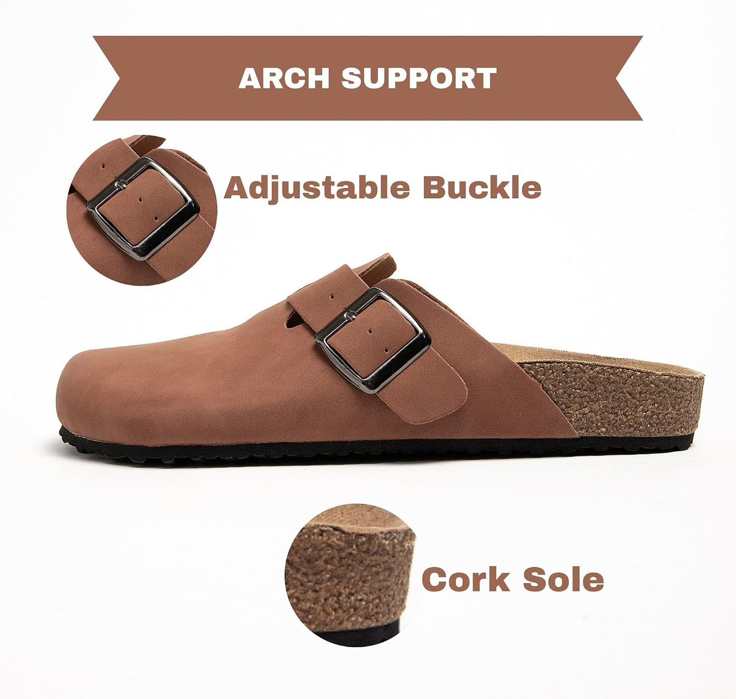 BERANMEY Stylish PU Leather Clogs with Arch Support, Cork Sole Comfort EU 39 NEW