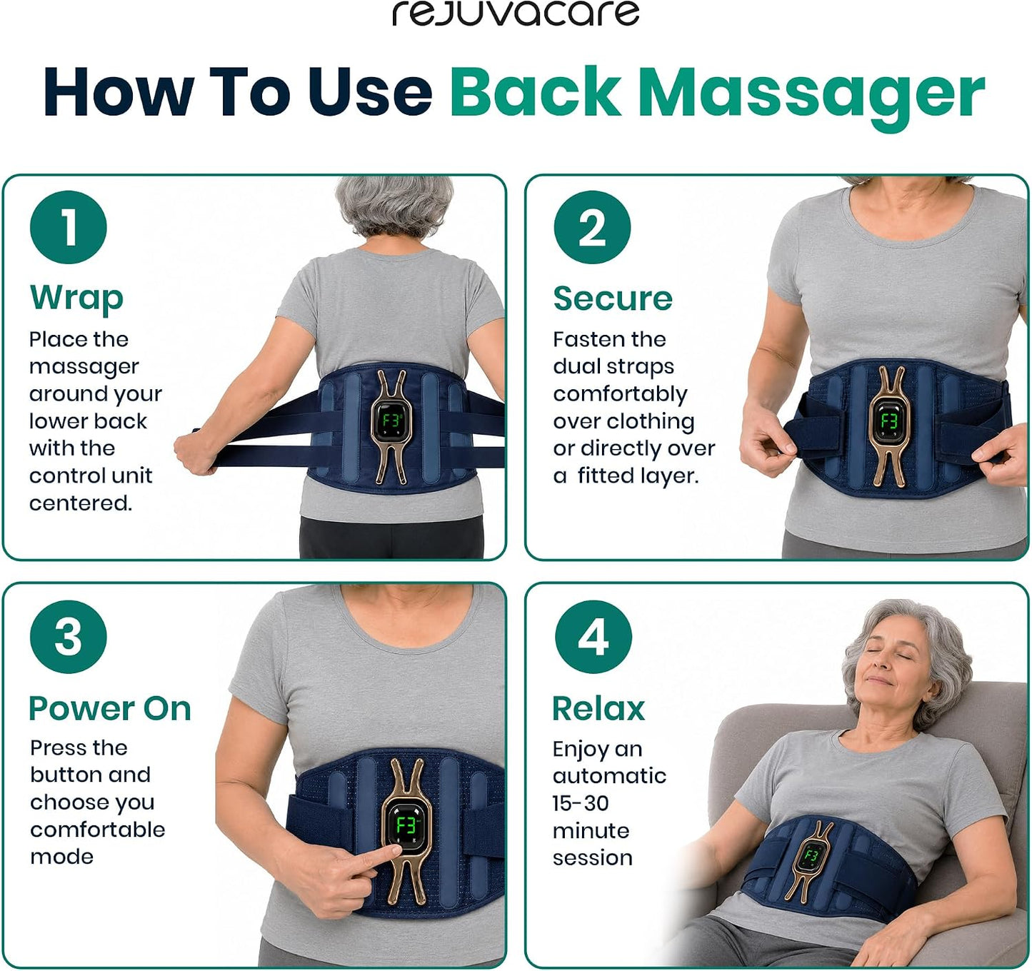 Rejuvacare Triple Method Back Massager with Heat Vibration Infrared Lumbar NEW