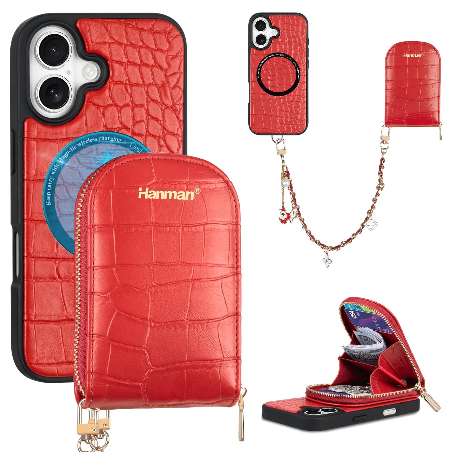 Hanman Magnetic Wallet Case for iPhone 17 RFID Blocking Faux Leather Zipper NEW